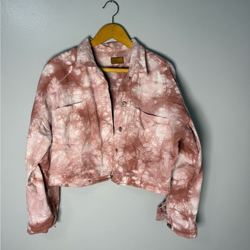 POL Pink and White Tie-Dye Jean Jacket | L